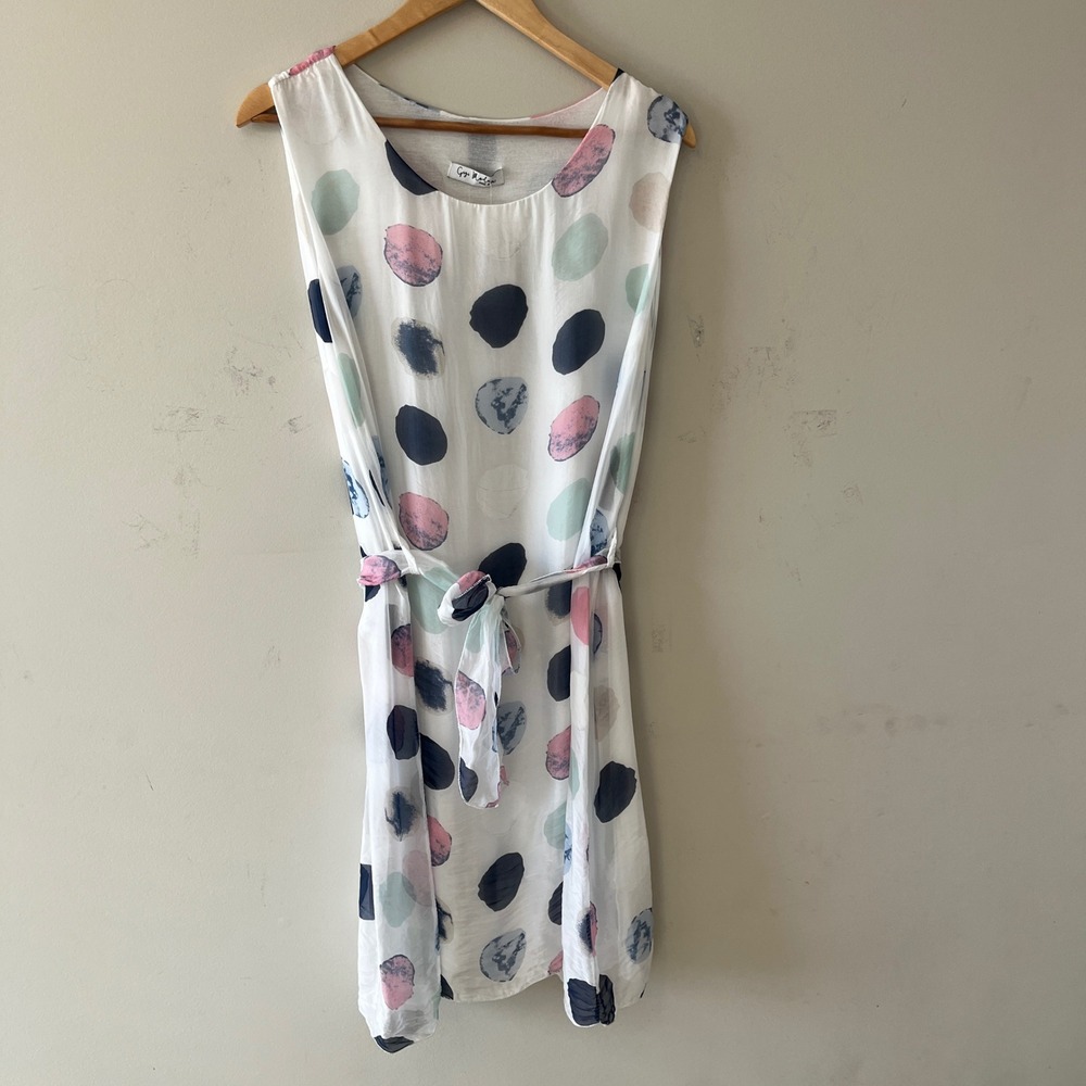 Gigi Moda Dot Sleeveless Dress Coastal White OS Silk Blend Made in Italy
